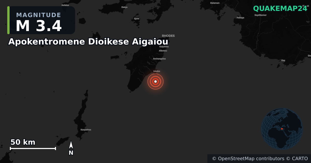 M3.4 earthquake near Apokentromene Dioikese Aigaiou on Oct 15, 2025 — map of epicenter and shaking intensity | QuakeMap24
