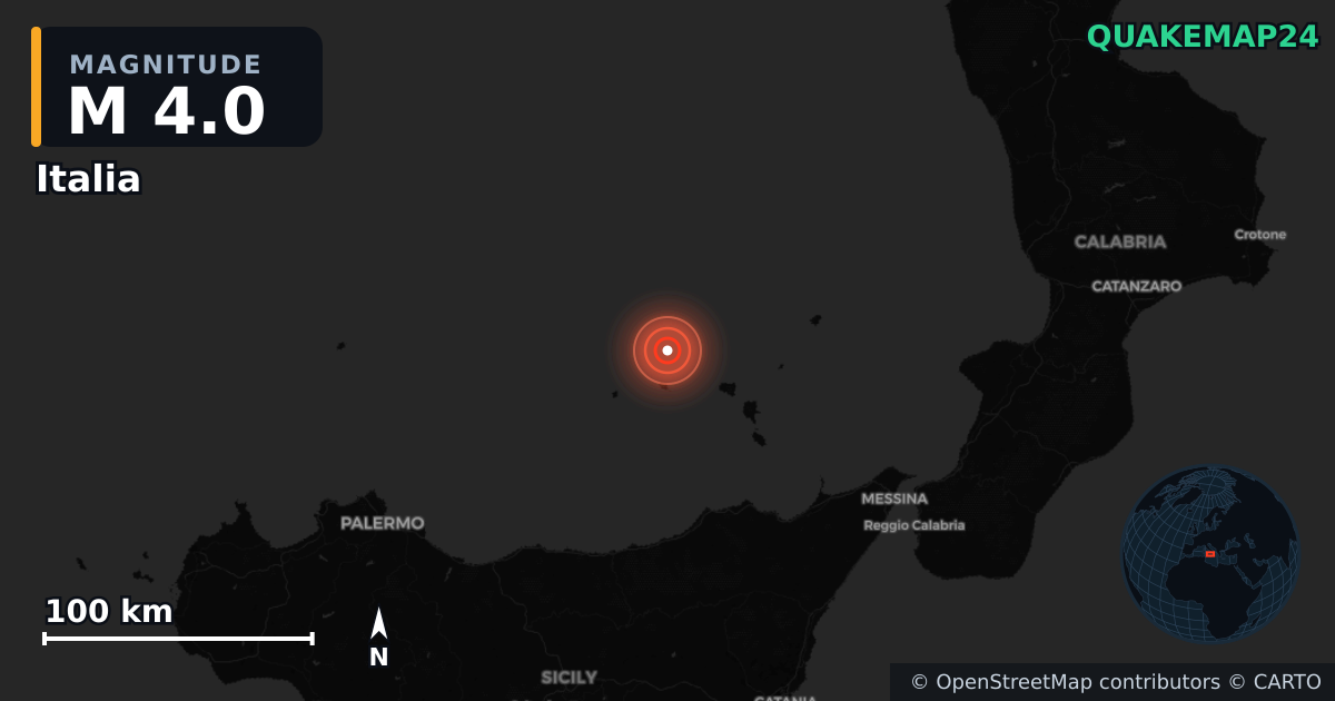 M4.0 earthquake near Italia on Jun 3, 2026 — map of epicenter and shaking intensity | QuakeMap24