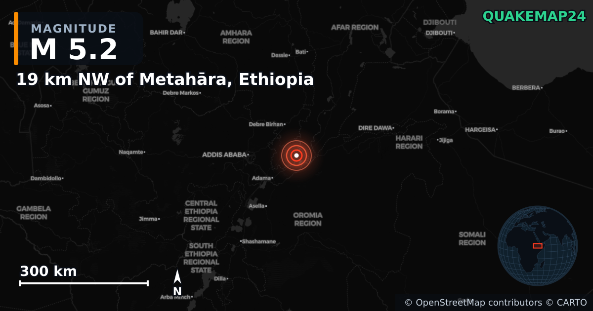 M5.2 earthquake near 19 km NW of Metahāra, Ethiopia on Jan 3, 2025 — map of epicenter and shaking intensity | QuakeMap24