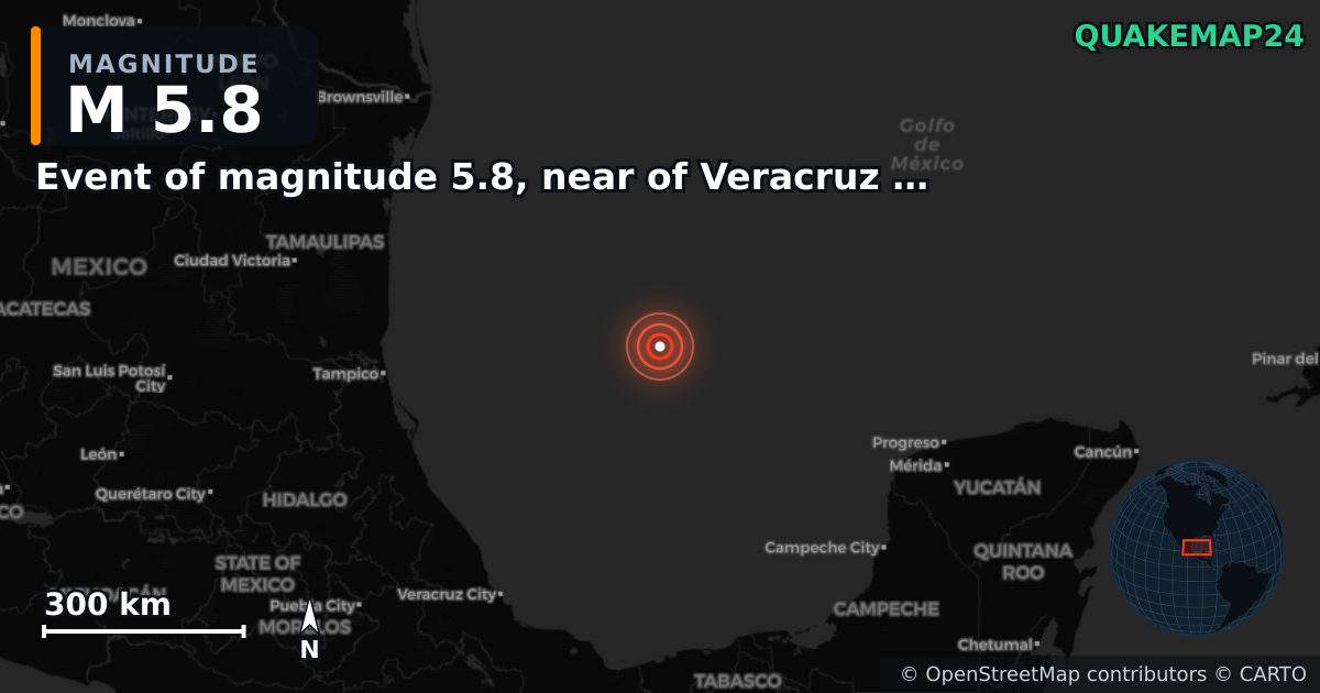 Erdbeben M5,8 bei Event of magnitude 5.8, near of Veracruz (Monde) — Karte der Lage des Epizentrums