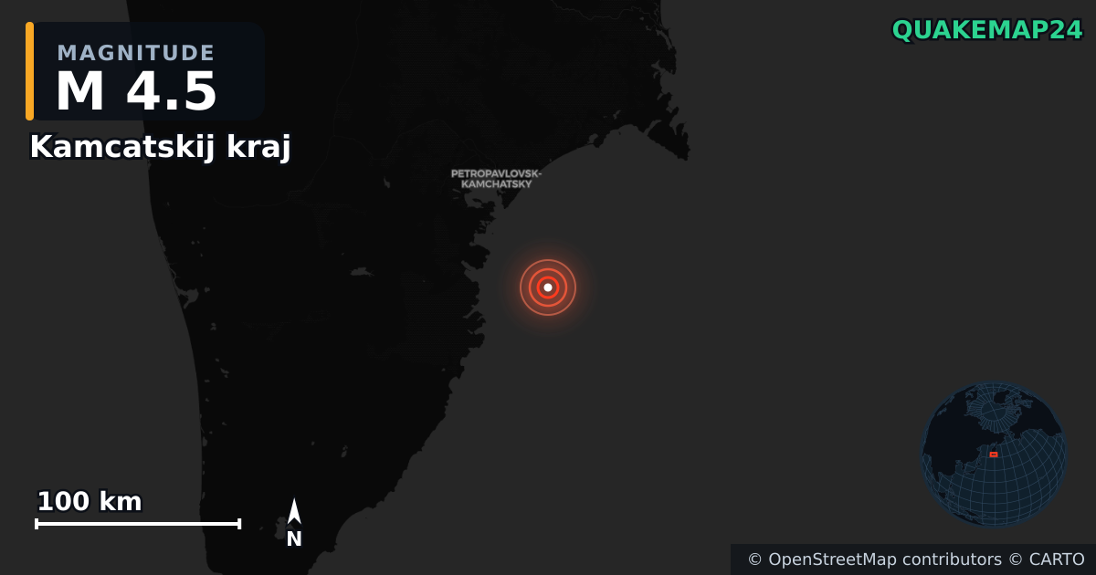 M4.5 earthquake near Kamcatskij kraj on Oct 12, 2025 — map of epicenter and shaking intensity | QuakeMap24