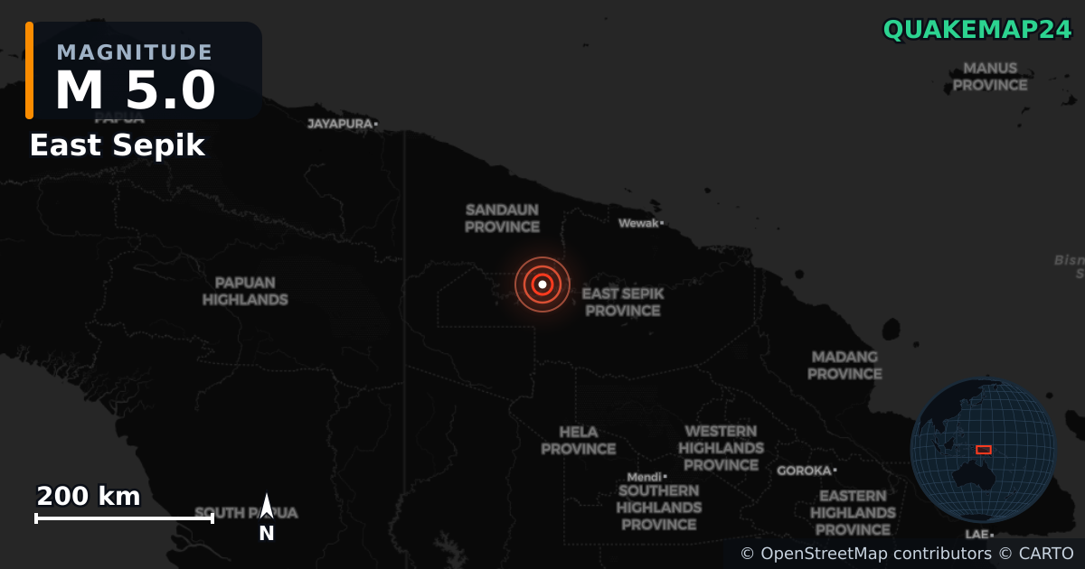 M5.0 earthquake near East Sepik on Sep 24, 2025 — map of epicenter and shaking intensity | QuakeMap24