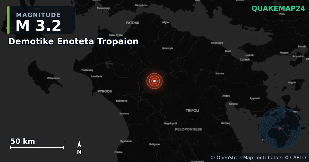 M3.2 earthquake near Demotike Enoteta Tropaion on Oct 28, 2025 — map of epicenter and shaking intensity | QuakeMap24
