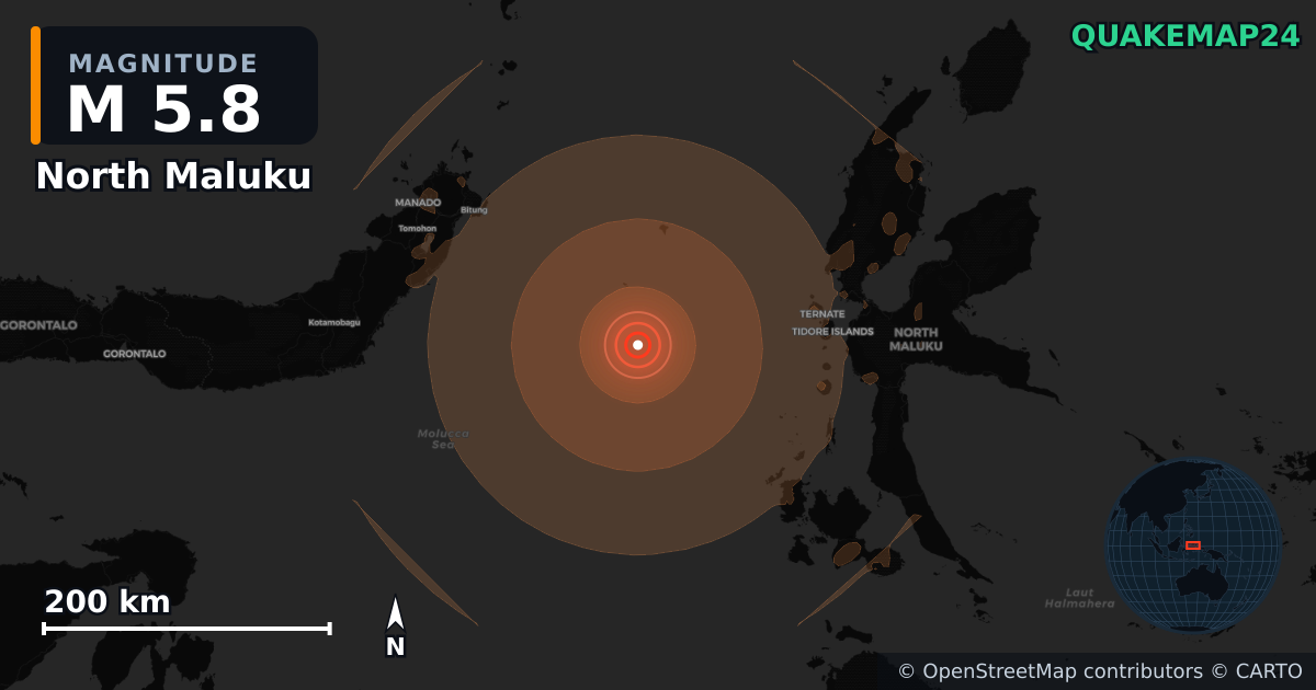 M5.8 earthquake near North Maluku on Jul 23, 2026 — map of epicenter and shaking intensity | QuakeMap24