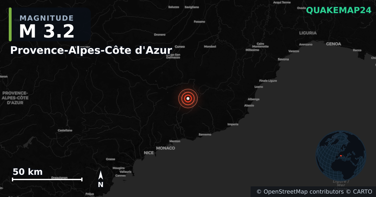 M3.2 earthquake near Provence-Alpes-Côte d'Azur on Jul 29, 2025 — map of epicenter and shaking intensity | QuakeMap24