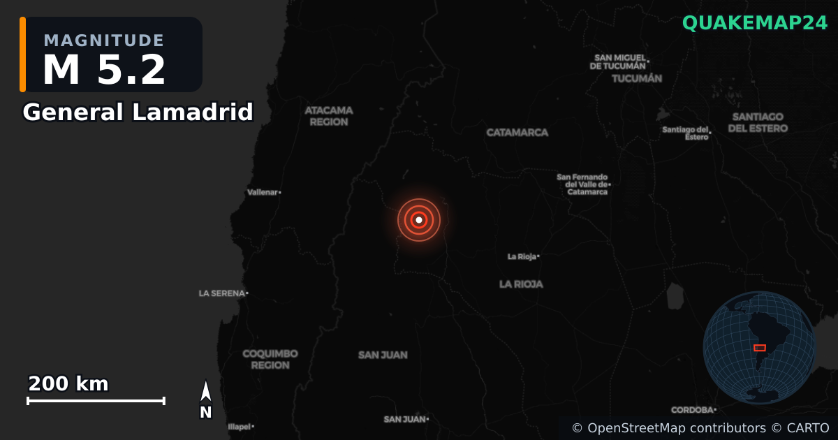 M5.2 earthquake near General Lamadrid on Feb 6, 2026 — map of epicenter and shaking intensity | QuakeMap24