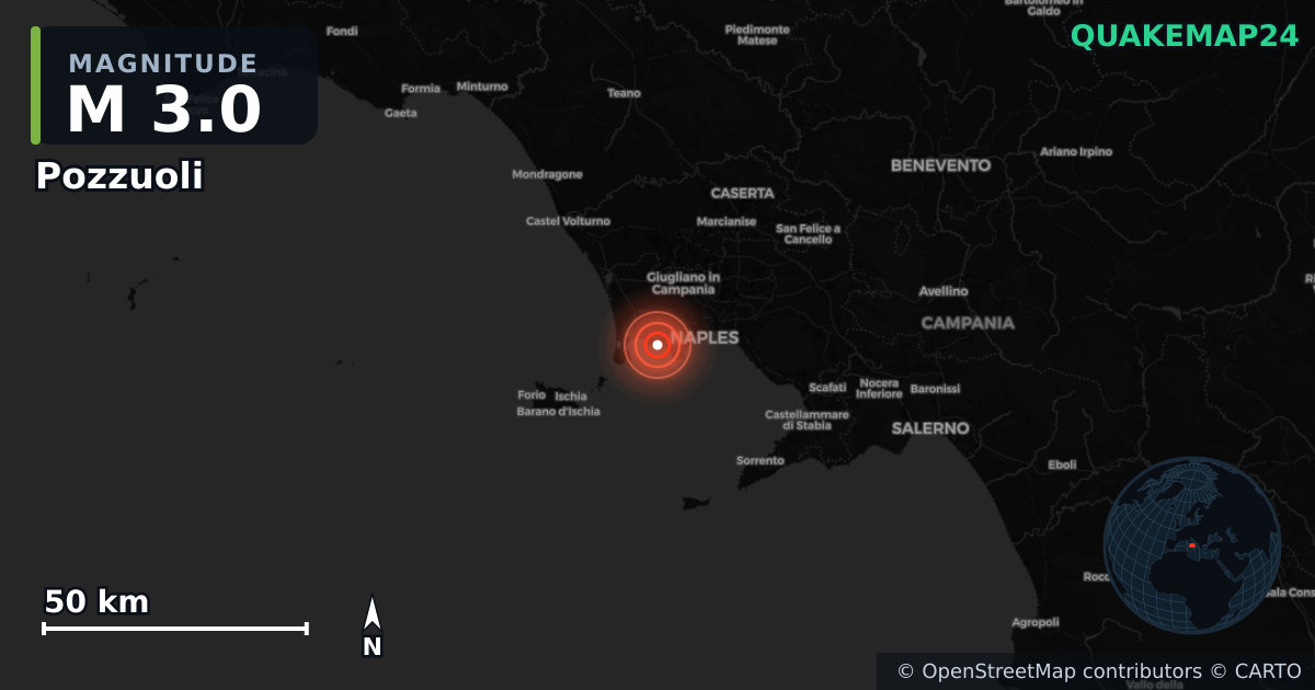 M3.0 earthquake near Pozzuoli on Aug 1, 2026 — map of epicenter and shaking intensity | QuakeMap24