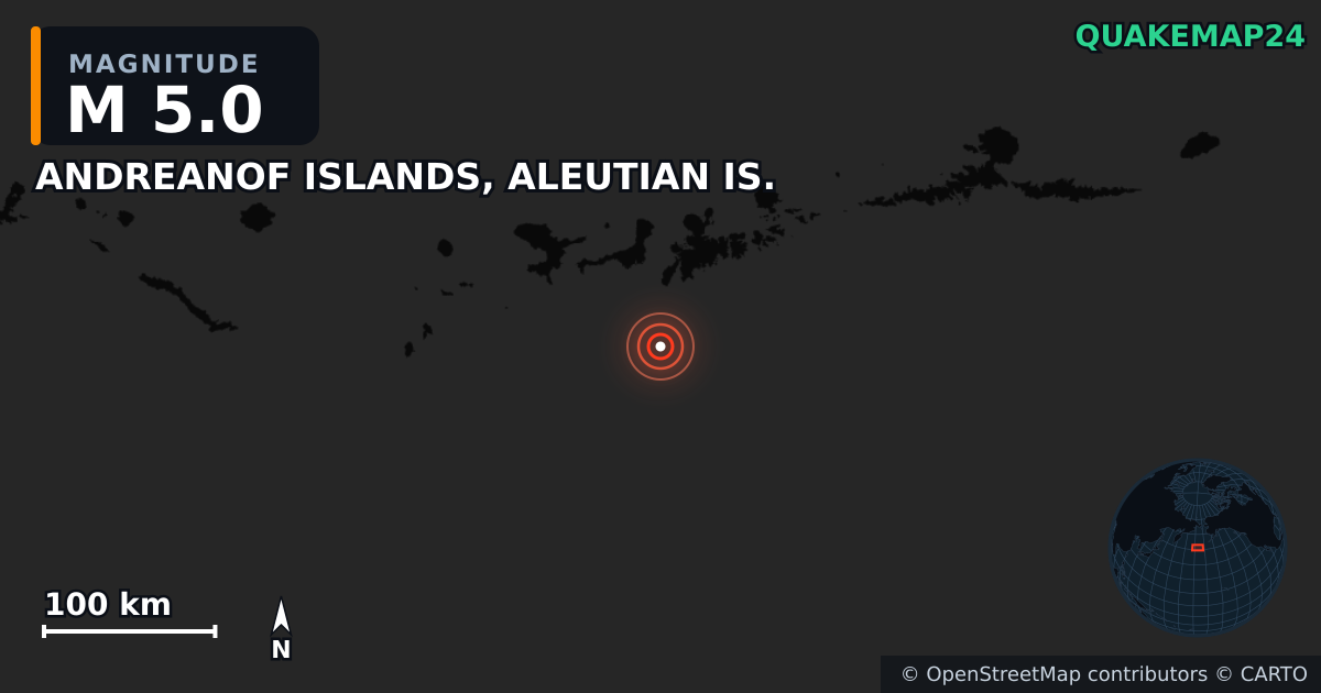 M5.0 earthquake near ANDREANOF ISLANDS, ALEUTIAN IS. on Oct 20, 2025 — map of epicenter and shaking intensity | QuakeMap24