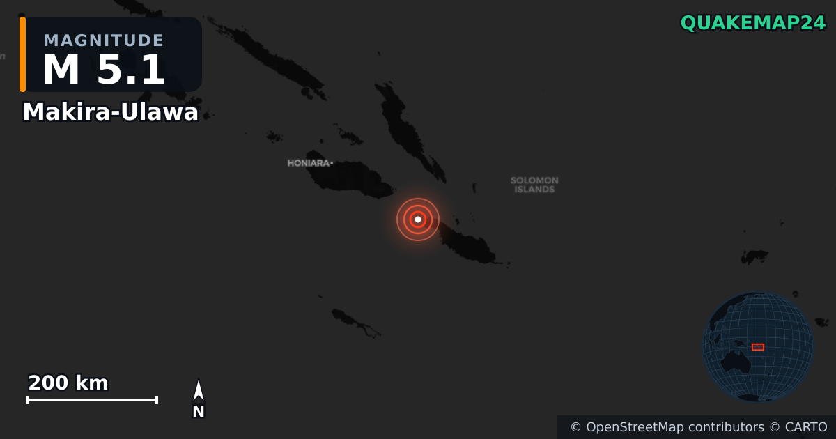 M5.1 earthquake near Makira-Ulawa on May 12, 2026 — map of epicenter and shaking intensity | QuakeMap24