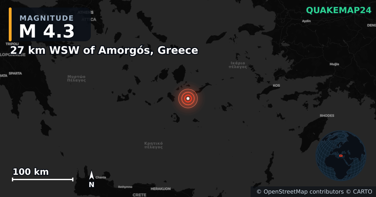 M4.3 earthquake near 27 km WSW of Amorgós, Greece on Feb 10, 2025 — map of epicenter and shaking intensity | QuakeMap24