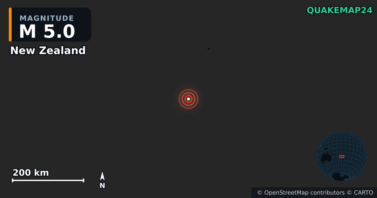 M5.0 earthquake near New Zealand on Jun 21, 2026 — map of epicenter and shaking intensity | QuakeMap24
