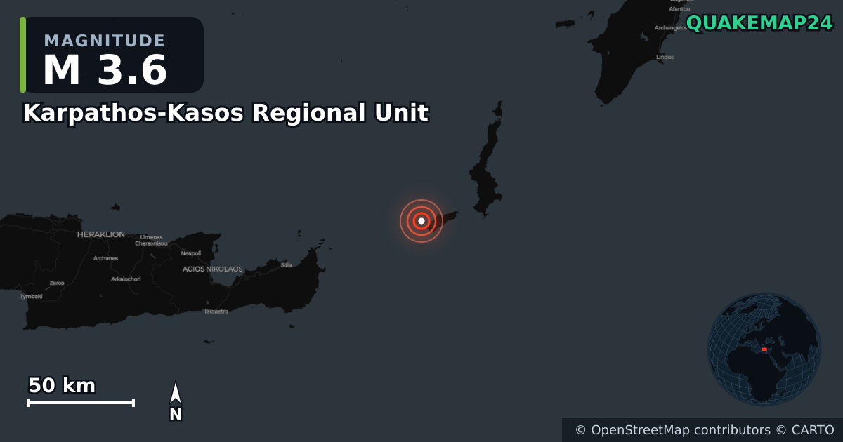 Σεισμός M3,6 κοντά στο Karpathos-Kasos Regional Unit, South Aegean (Ελλάδα) · 2026-10-24 — Χάρτης της θέσης του επικέντρου