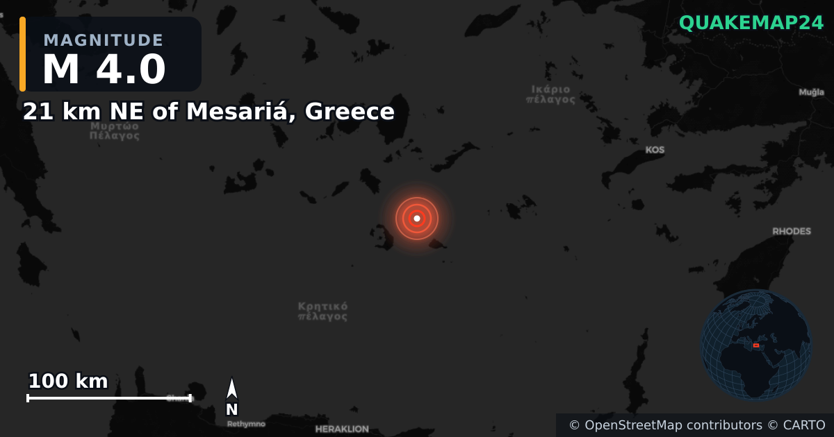 21 km NE of Mesariá, Greece yakınında M4,0 deprem · 2025-02-12 — Deprem merkez üssünün konumunu gösteren harita