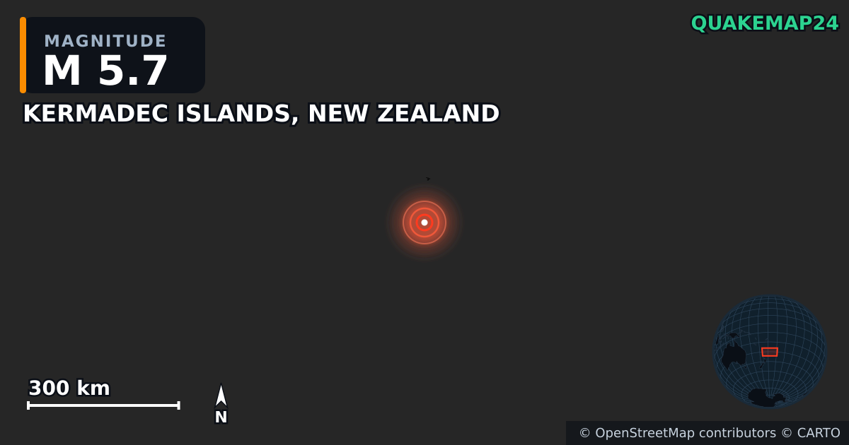 M5.7 earthquake near KERMADEC ISLANDS, NEW ZEALAND on Jul 15, 2025 — map of epicenter and shaking intensity | QuakeMap24