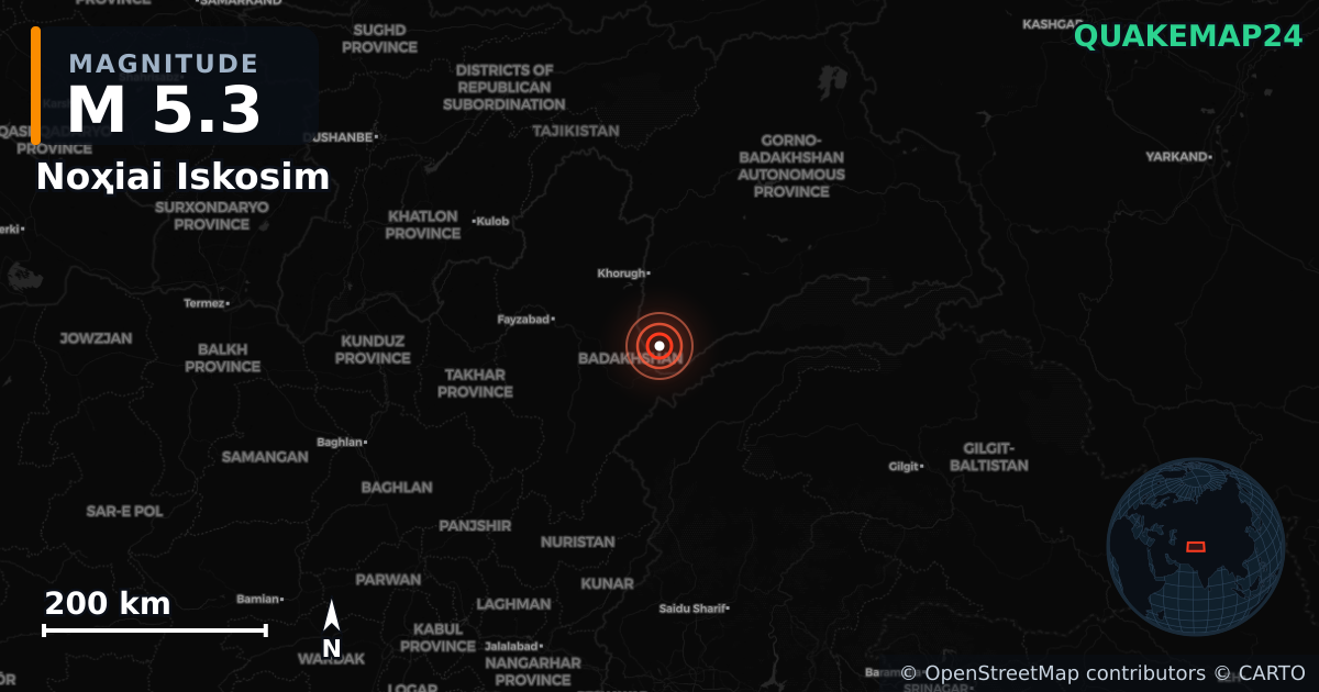 M5.3 earthquake near Noҳiai Iskosim on Feb 25, 2026 — map of epicenter and shaking intensity | QuakeMap24