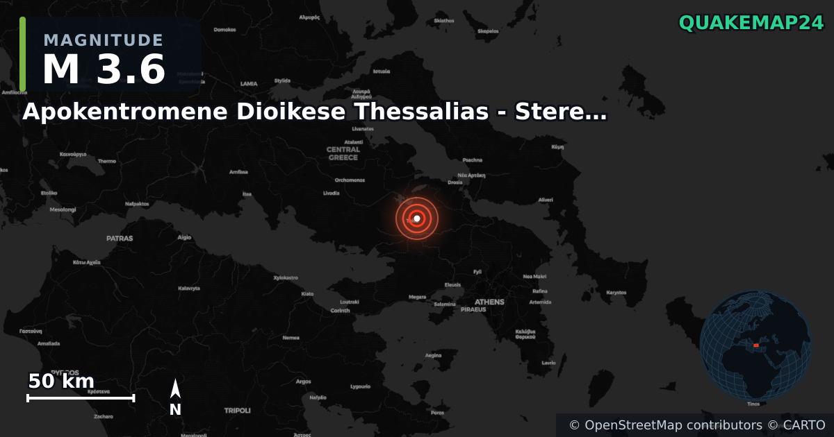 M3.6 earthquake near Apokentromene Dioikese Thessalias - Stereas Ellados on Sep 6, 2025 — map of epicenter and shaking intensity | QuakeMap24
