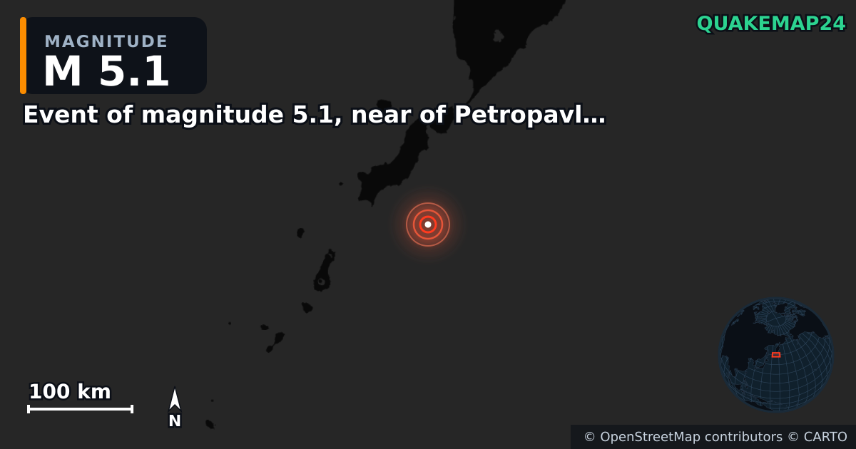 M5.1 earthquake near Event of magnitude 5.1, near of Petropavlovsk Kamchatskiy (Monde) on Sep 9, 2025 — map of epicenter and shaking intensity | QuakeMap24