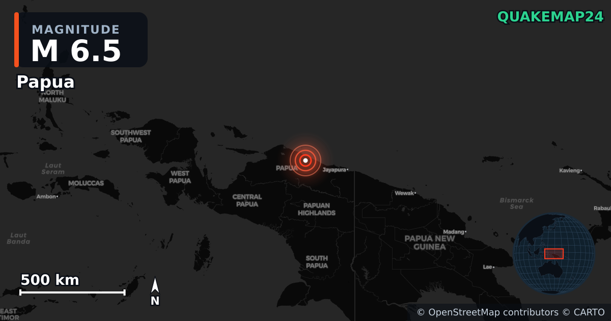 M6.5 earthquake near Papua on Oct 16, 2025 — map of epicenter and shaking intensity | QuakeMap24