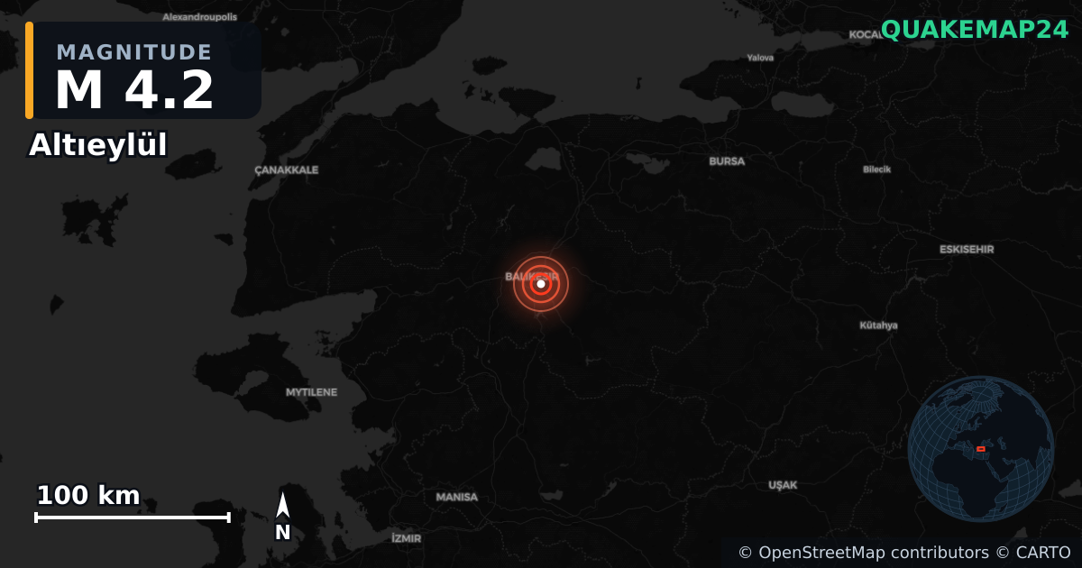 M4.2 earthquake near Altıeylül on Apr 2, 2026 — map of epicenter and shaking intensity | QuakeMap24