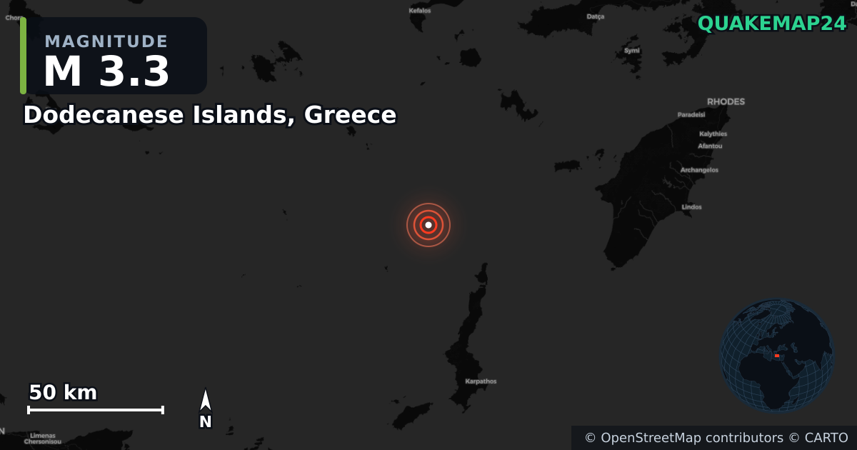 M3.3 earthquake near Dodecanese Islands, Greece on Aug 21, 2025 — map of epicenter and shaking intensity | QuakeMap24