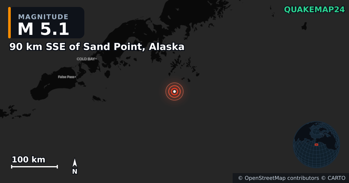 M5.1 earthquake near 90 km SSE of Sand Point, Alaska on Aug 26, 2025 — map of epicenter and shaking intensity | QuakeMap24