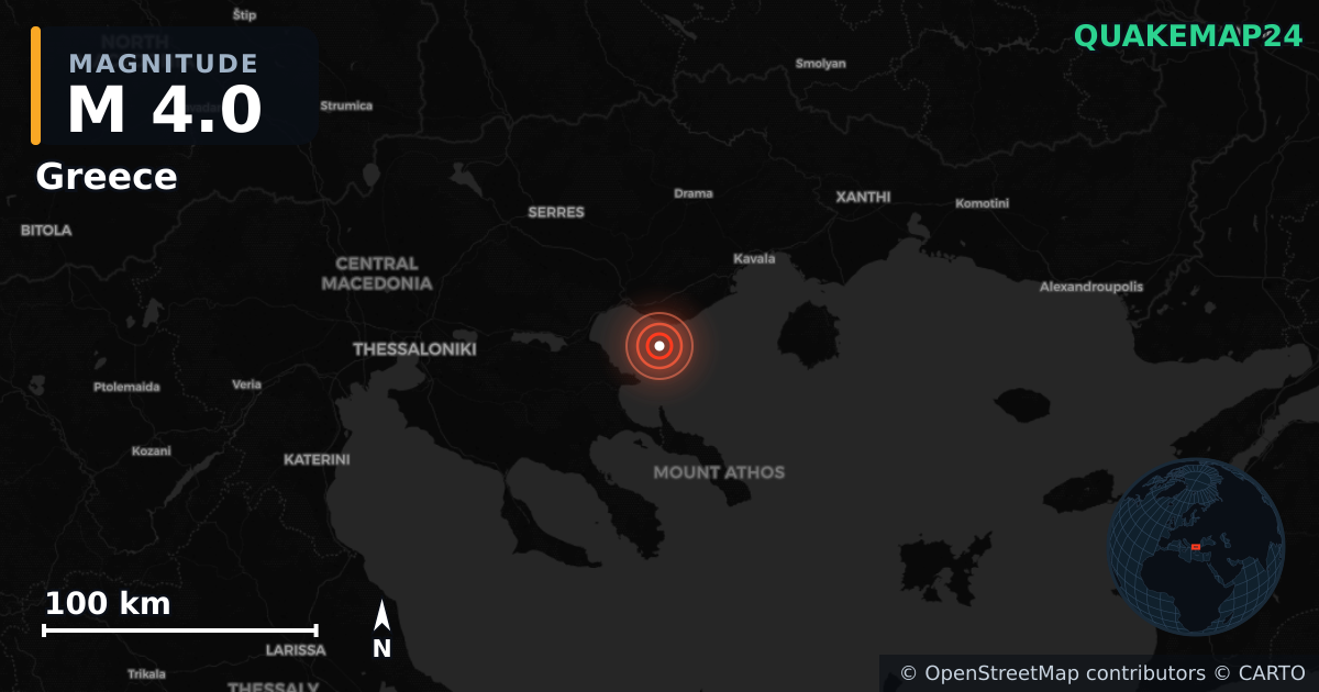 M4.0 earthquake near Greece on Jul 28, 2026 — map of epicenter and shaking intensity | QuakeMap24