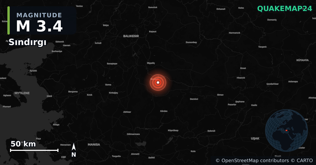 M3.4 earthquake near Sındırgı on Aug 19, 2025 — map of epicenter and shaking intensity | QuakeMap24