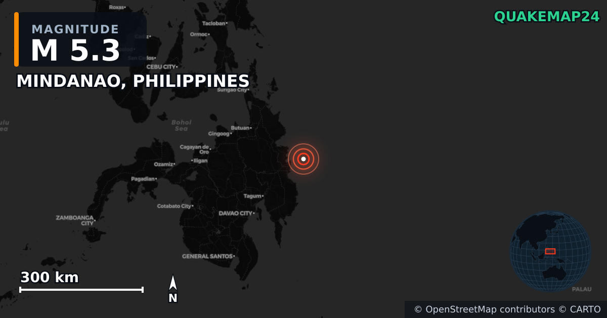 M5.3 earthquake near MINDANAO, PHILIPPINES on Jun 17, 2025 — map of epicenter and shaking intensity | QuakeMap24