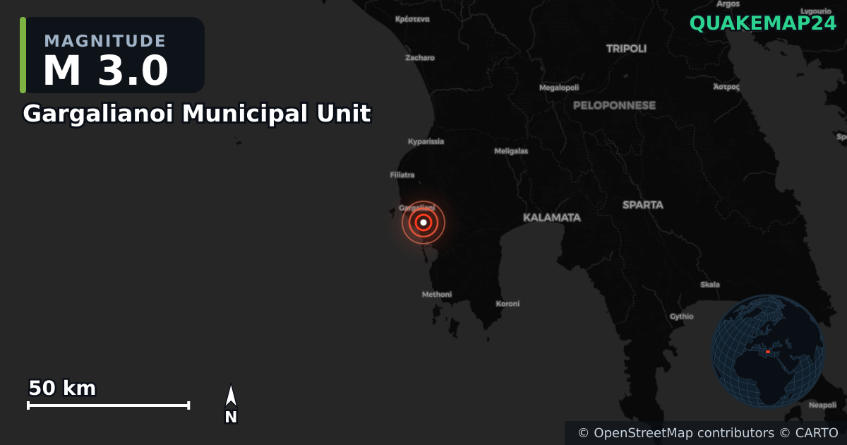 M3.0 earthquake near Gargalianoi Municipal Unit on Aug 9, 2026 — map of epicenter and shaking intensity | QuakeMap24
