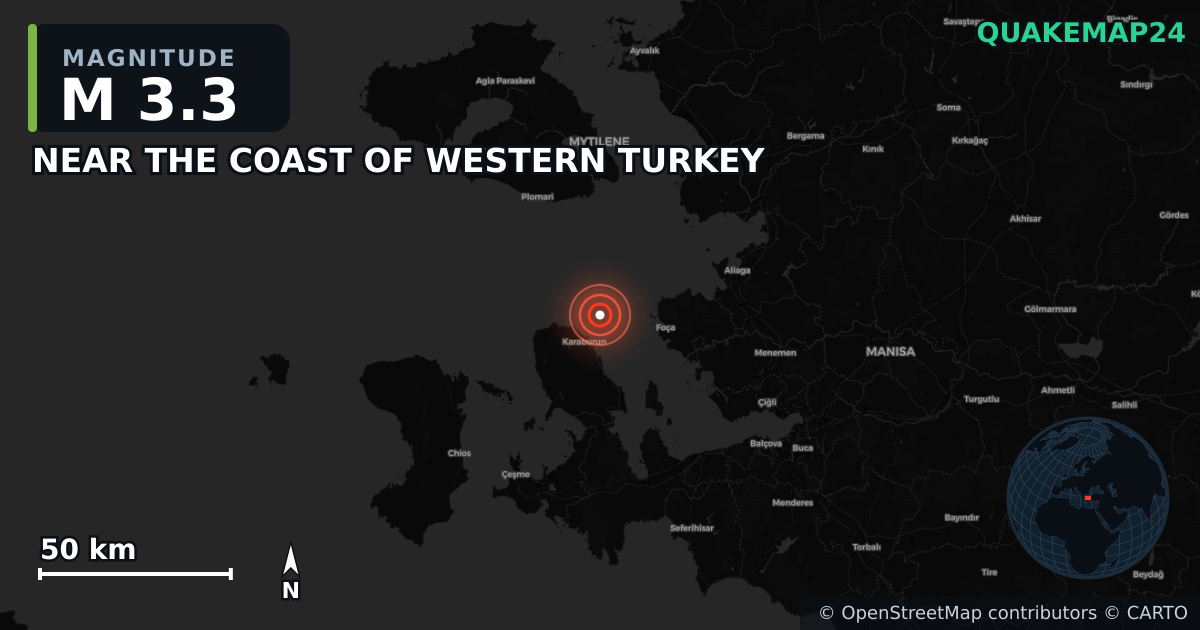 M3.3 earthquake near NEAR THE COAST OF WESTERN TURKEY on Jun 8, 2025 — map of epicenter and shaking intensity | QuakeMap24