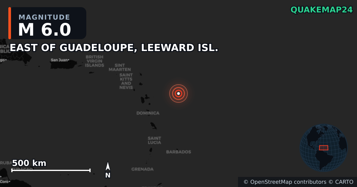 M6.0 Earthquake near EAST OF GUADELOUPE, LEEWARD ISL. · 2025-10-27 — Map showing the location of the epicenter
