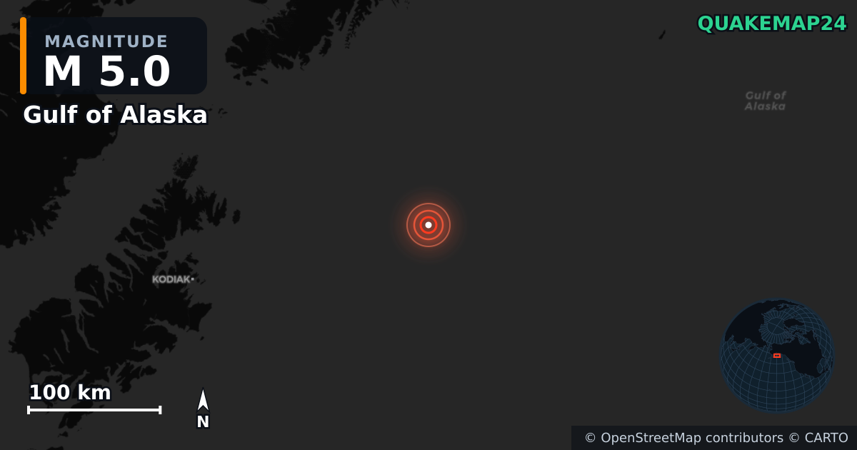 M5.0 earthquake near Gulf of Alaska on May 18, 2025 — map of epicenter and shaking intensity | QuakeMap24