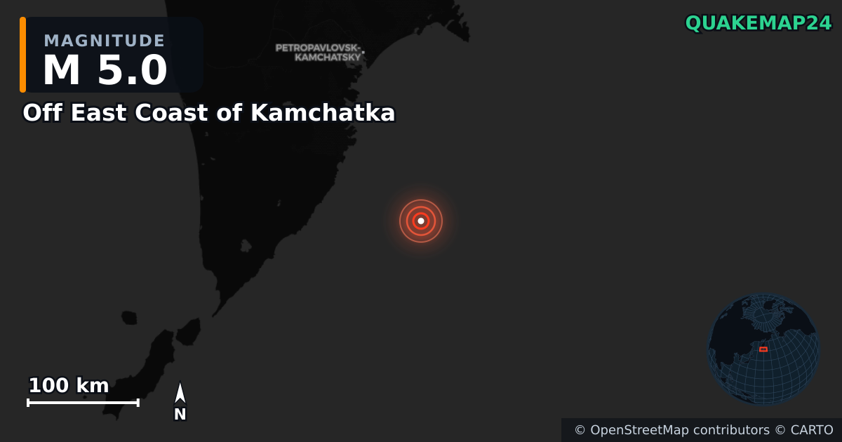 M5.0 earthquake near Off East Coast of Kamchatka on Aug 10, 2025 — map of epicenter and shaking intensity | QuakeMap24