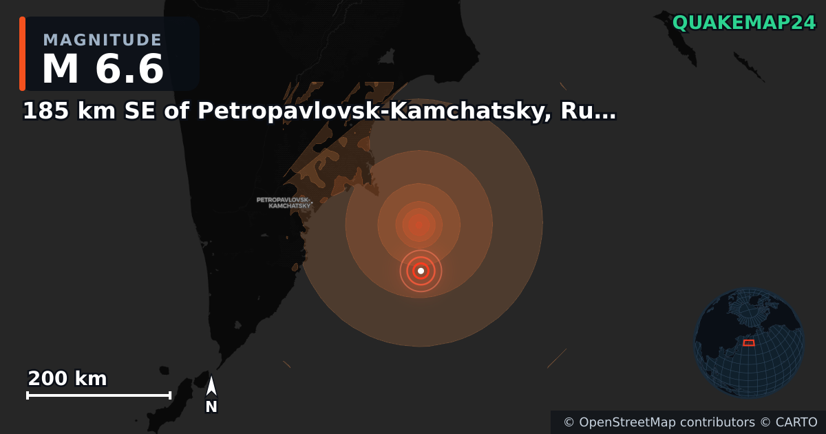 M6.6 earthquake near 185 km SE of Petropavlovsk-Kamchatsky, Russia on Jun 19, 2026 — map of epicenter and shaking intensity | QuakeMap24