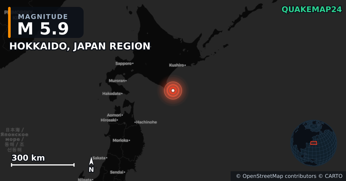 M5.9 earthquake near HOKKAIDO, JAPAN REGION on Jun 1, 2025 — map of epicenter and shaking intensity | QuakeMap24