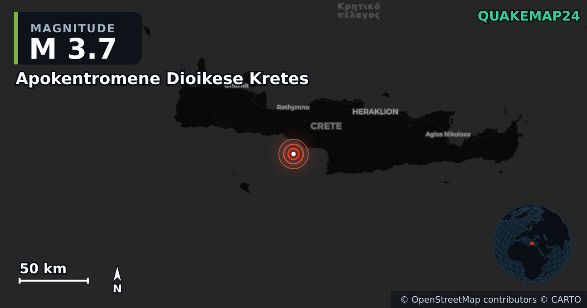 M3.7 earthquake near Apokentromene Dioikese Kretes on Oct 29, 2025 — map of epicenter and shaking intensity | QuakeMap24