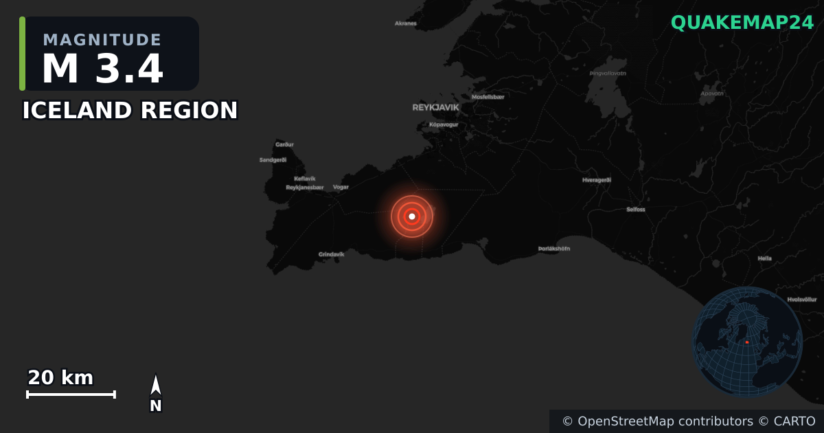 M3.4 earthquake near ICELAND REGION on Jun 18, 2025 — map of epicenter and shaking intensity | QuakeMap24