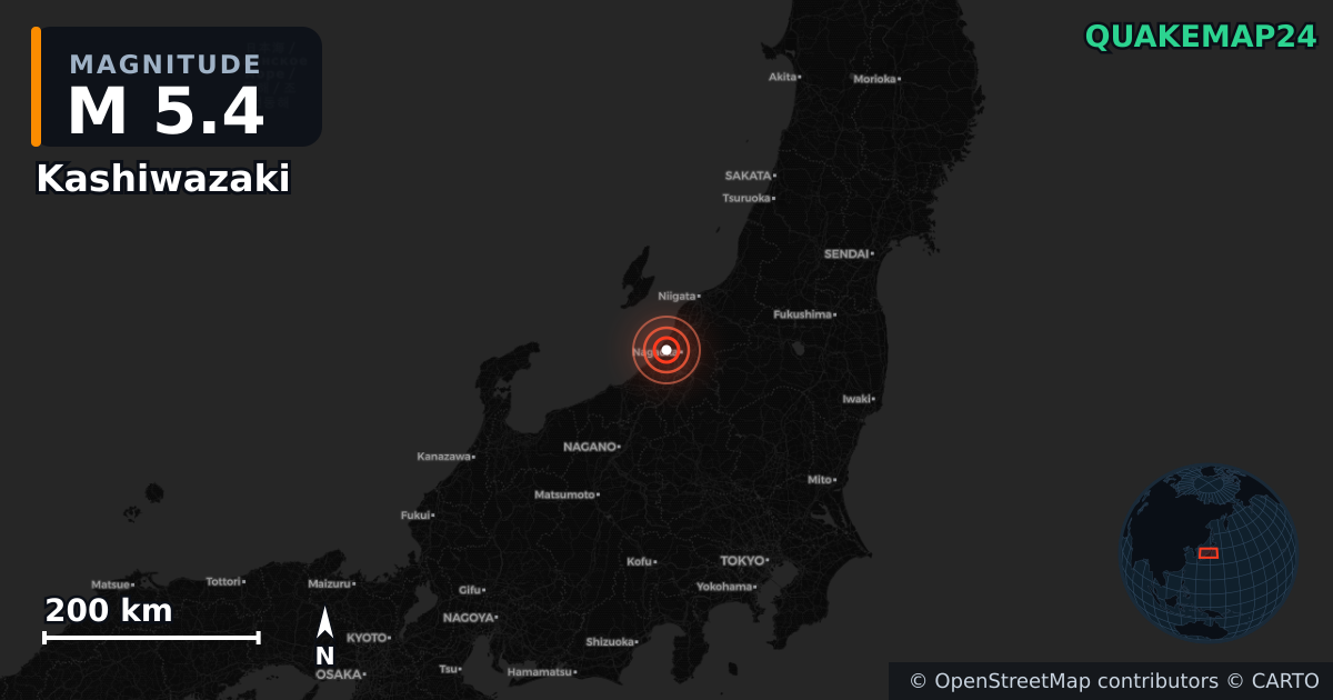 Sismo de M5,4 perto de Kashiwazaki, Niigata Prefecture (Japão) · 2026-09-16 — Mapa da localização do epicentro