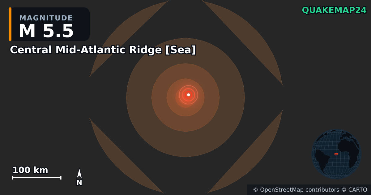 M5.5 Earthquake near Central Mid-Atlantic Ridge [Sea] · 2026-06-18 — Map showing the location of the epicenter