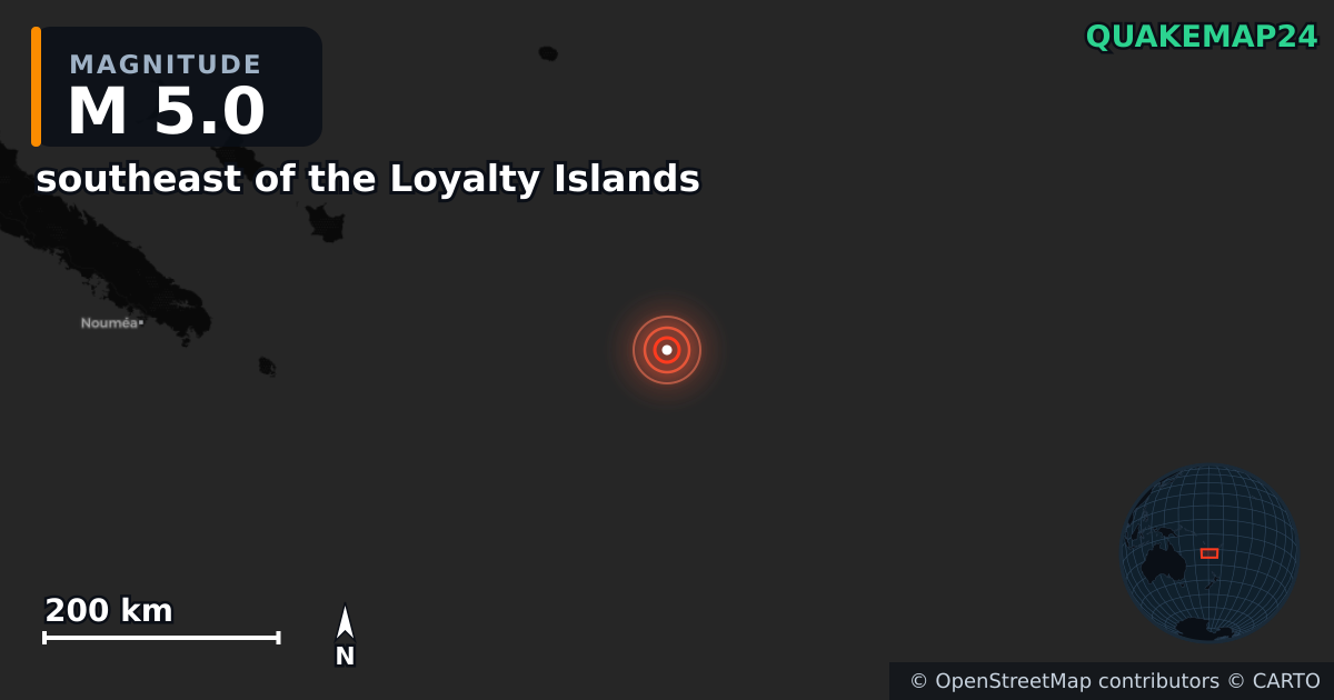 M5.0 earthquake near southeast of the Loyalty Islands on Feb 16, 2025 — map of epicenter and shaking intensity | QuakeMap24