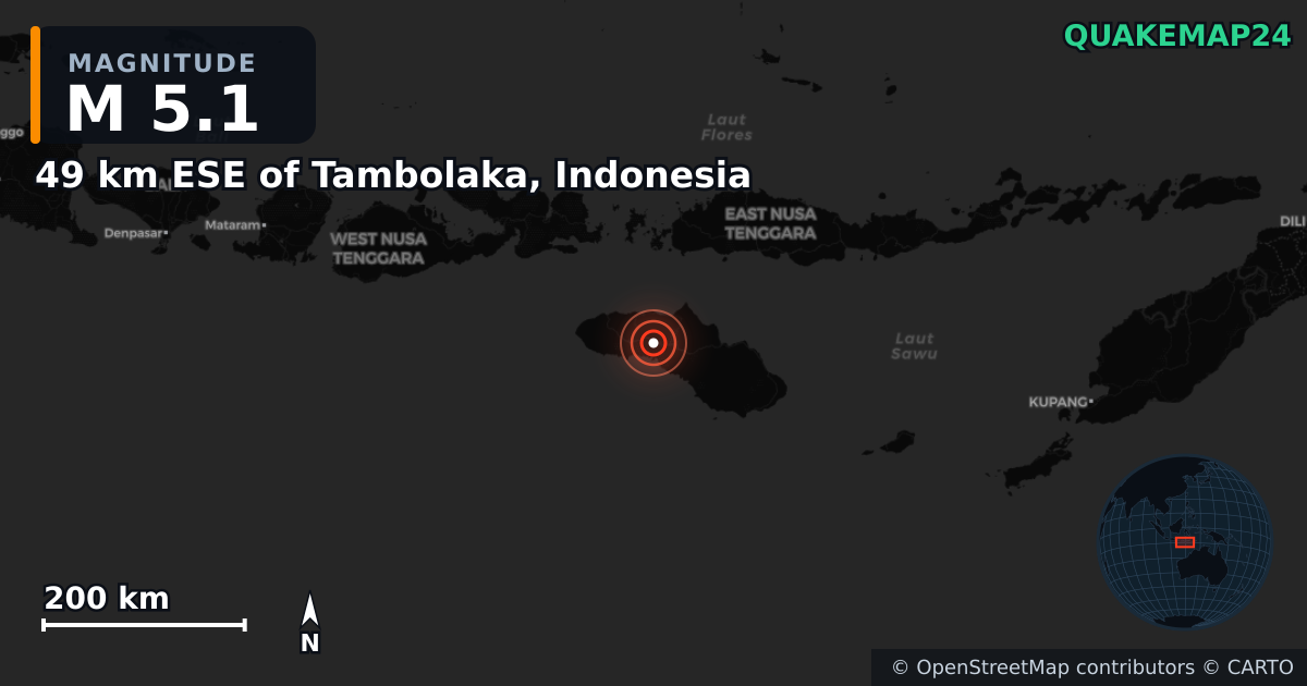 M5.1 earthquake near 49 km ESE of Tambolaka, Indonesia on Feb 10, 2025 — map of epicenter and shaking intensity | QuakeMap24