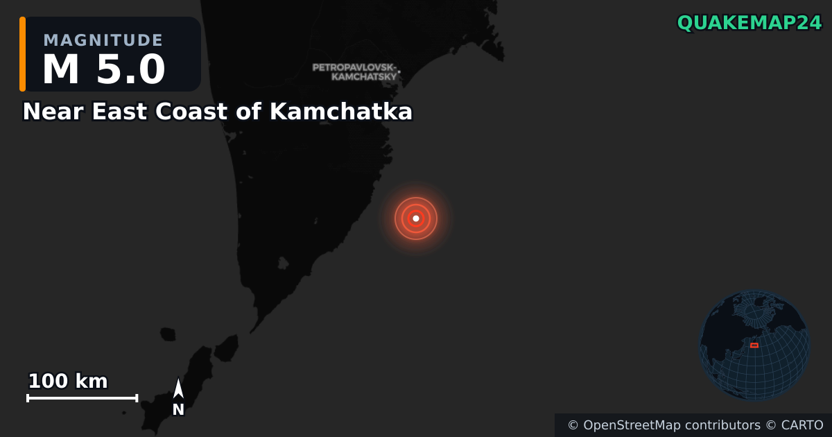 M5.0 earthquake near Near East Coast of Kamchatka on Aug 3, 2025 — map of epicenter and shaking intensity | QuakeMap24