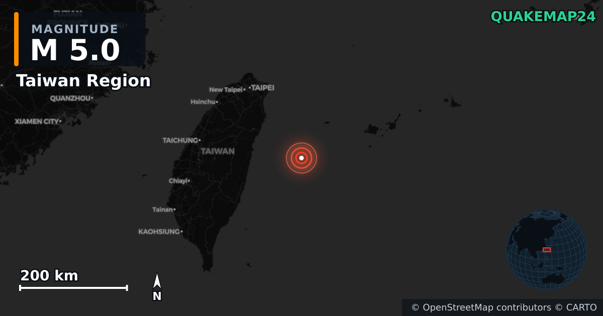 M5.0 earthquake near Taiwan Region on Sep 8, 2025 — map of epicenter and shaking intensity | QuakeMap24