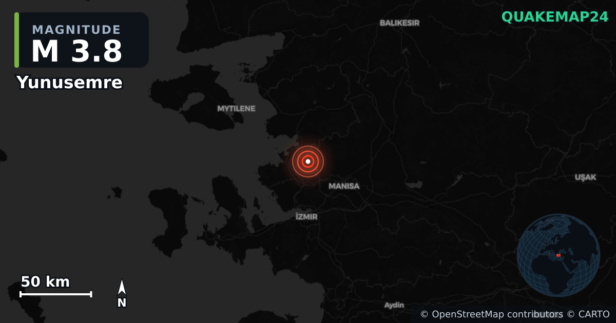 M3.8 earthquake near Yunusemre on Jan 11, 2026 — map of epicenter and shaking intensity | QuakeMap24