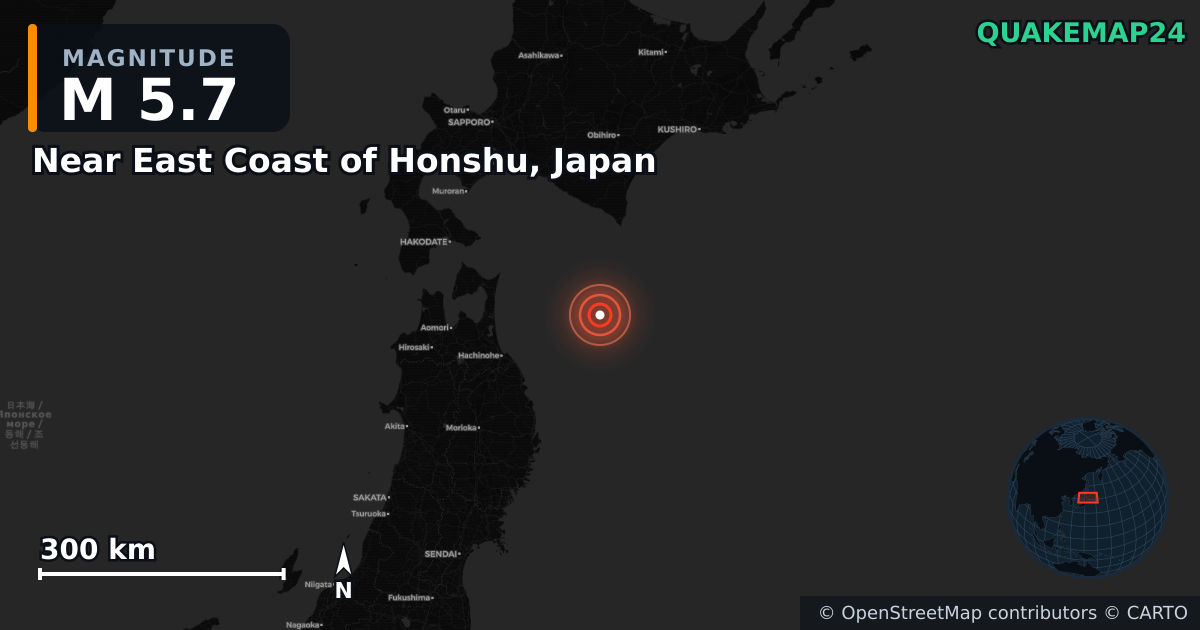 M5.7 earthquake near Near East Coast of Honshu, Japan on Dec 12, 2025 — map of epicenter and shaking intensity | QuakeMap24