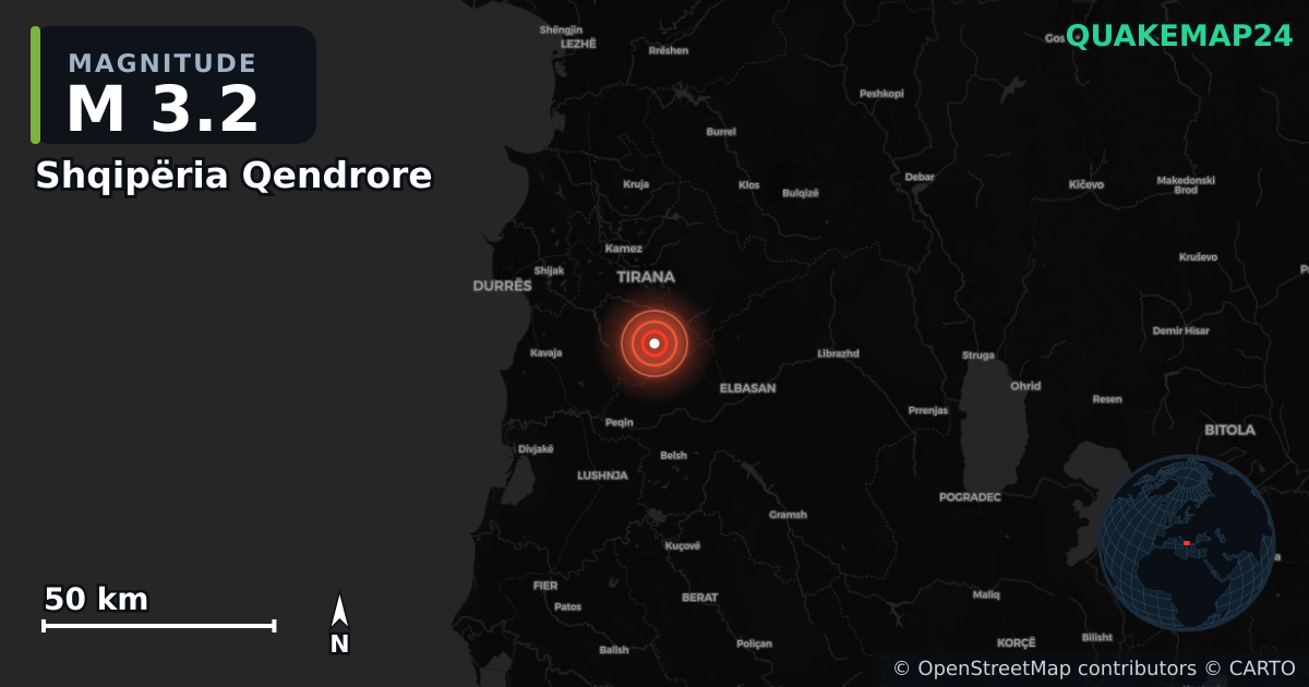 M3.2 earthquake near Shqipëria Qendrore on Sep 16, 2025 — map of epicenter and shaking intensity | QuakeMap24