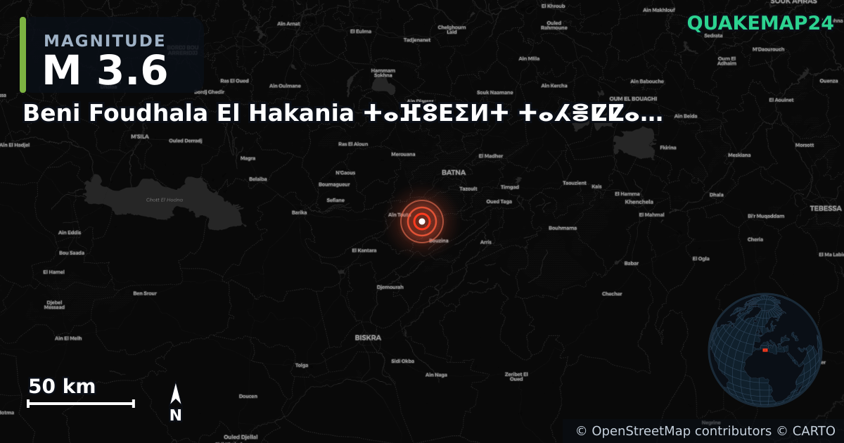 M3.6 earthquake near Beni Foudhala El Hakania ⵜⴰⴼⵓⴹⵉⵍⵜ ⵜⴰⵃⴻⵇⵇⴰⵏⵉⵜ bny fdalt alhqanyt on Feb 24, 2026 — map of epicenter and shaking intensity | QuakeMap24