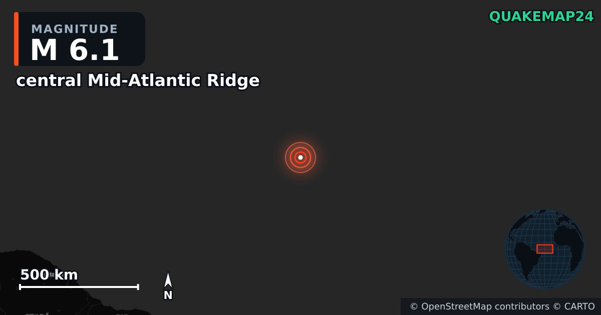 M6.1 earthquake near central Mid-Atlantic Ridge on Mar 28, 2025 — map of epicenter and shaking intensity | QuakeMap24