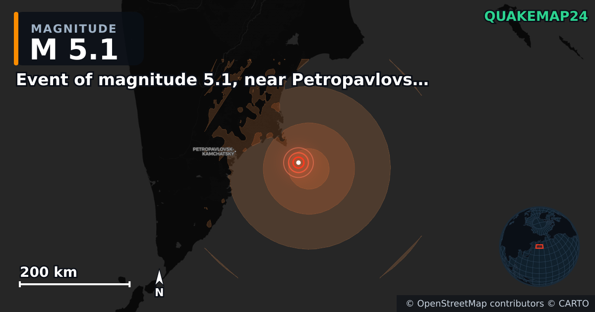 M5.1 earthquake near Event of magnitude 5.1, near Petropavlovsk Kamchatskiy (Monde) on Jun 20, 2026 — map of epicenter and shaking intensity | QuakeMap24
