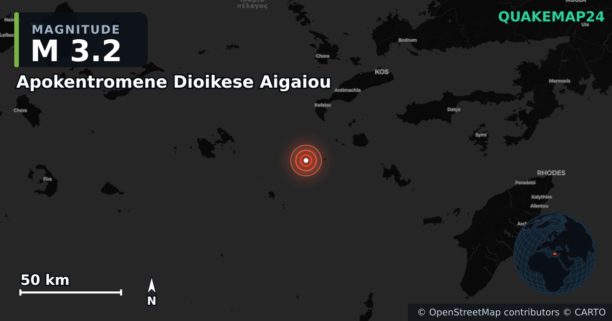 M3.2 earthquake near Apokentromene Dioikese Aigaiou on Oct 2, 2025 — map of epicenter and shaking intensity | QuakeMap24